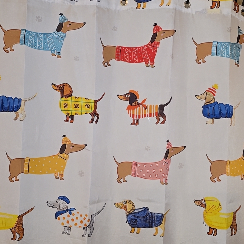 Whimsical Dachshund Shower Curtain with Colorful Outfits